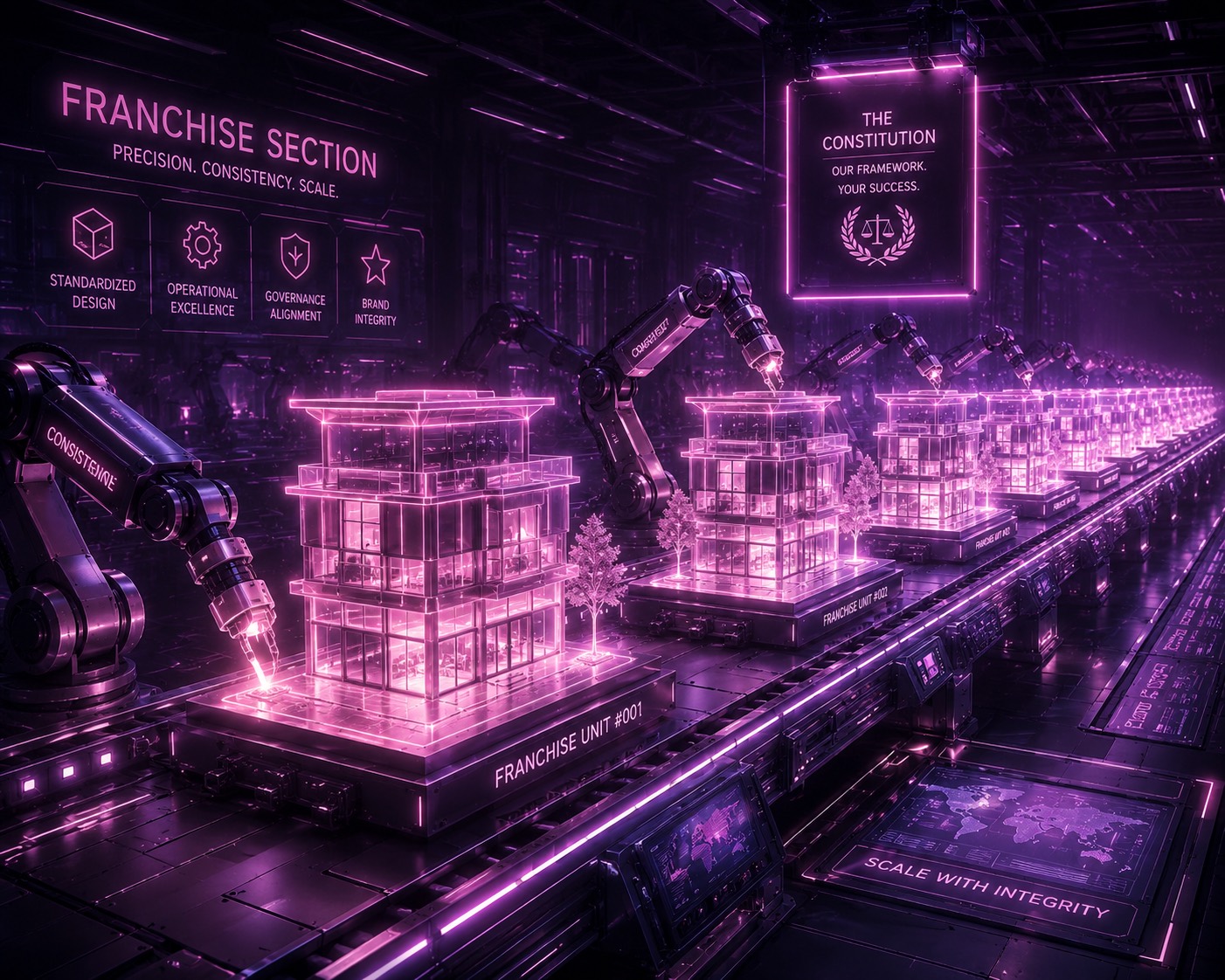 A row of identical glowing structures rising on an assembly line, precision and consistency at scale