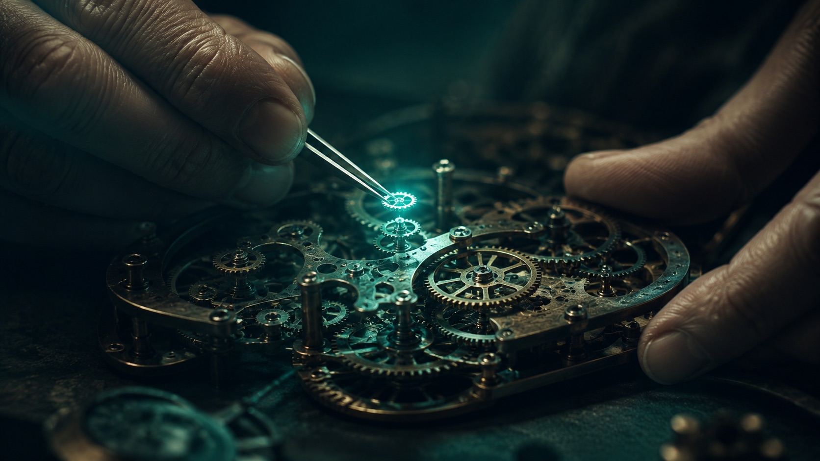 A pair of careful hands steadying an intricate old mechanism while a single small part is replaced, warm teal light picking out the one piece being changed while the rest is held safe and unbroken