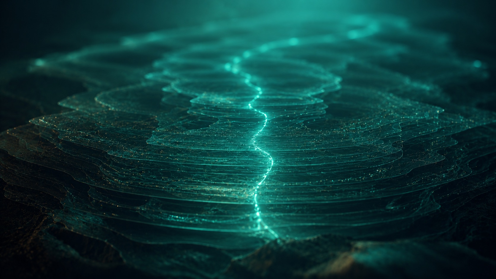 Many faint layers of light stacked into depth like the rings of a long career, one bright continuous line running through all of them, a thing that took years to build and cannot be copied flat