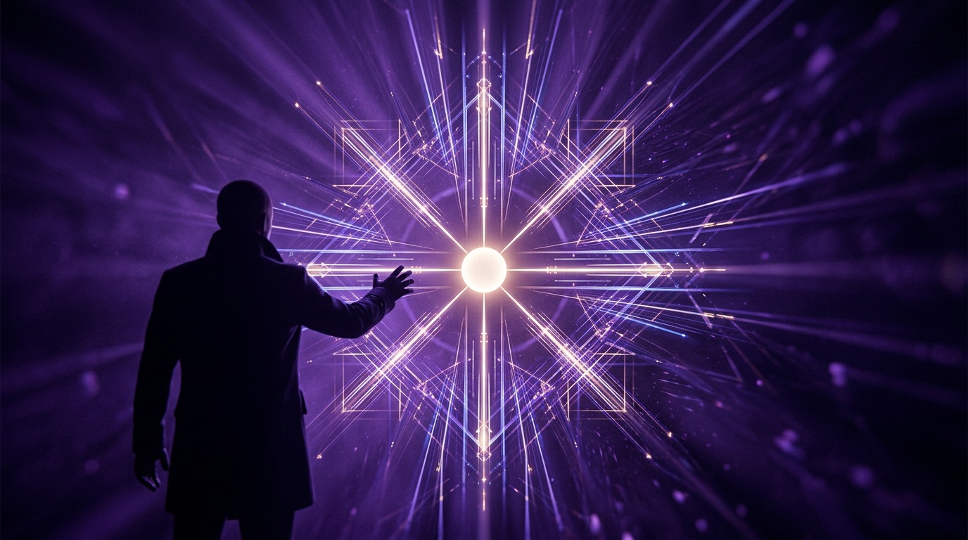 Many separate lines of light converging into one bright, straight lane heading forward, intent from one side and enforced rules from the other meeting on a single path