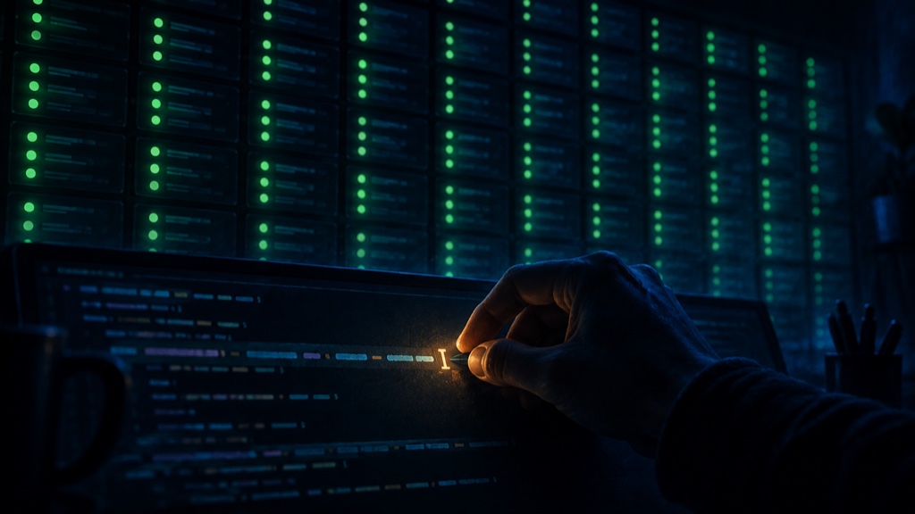 A developer's hand changing a single character in a line of production code while a wall of test results behind them stays uniformly, indifferently green