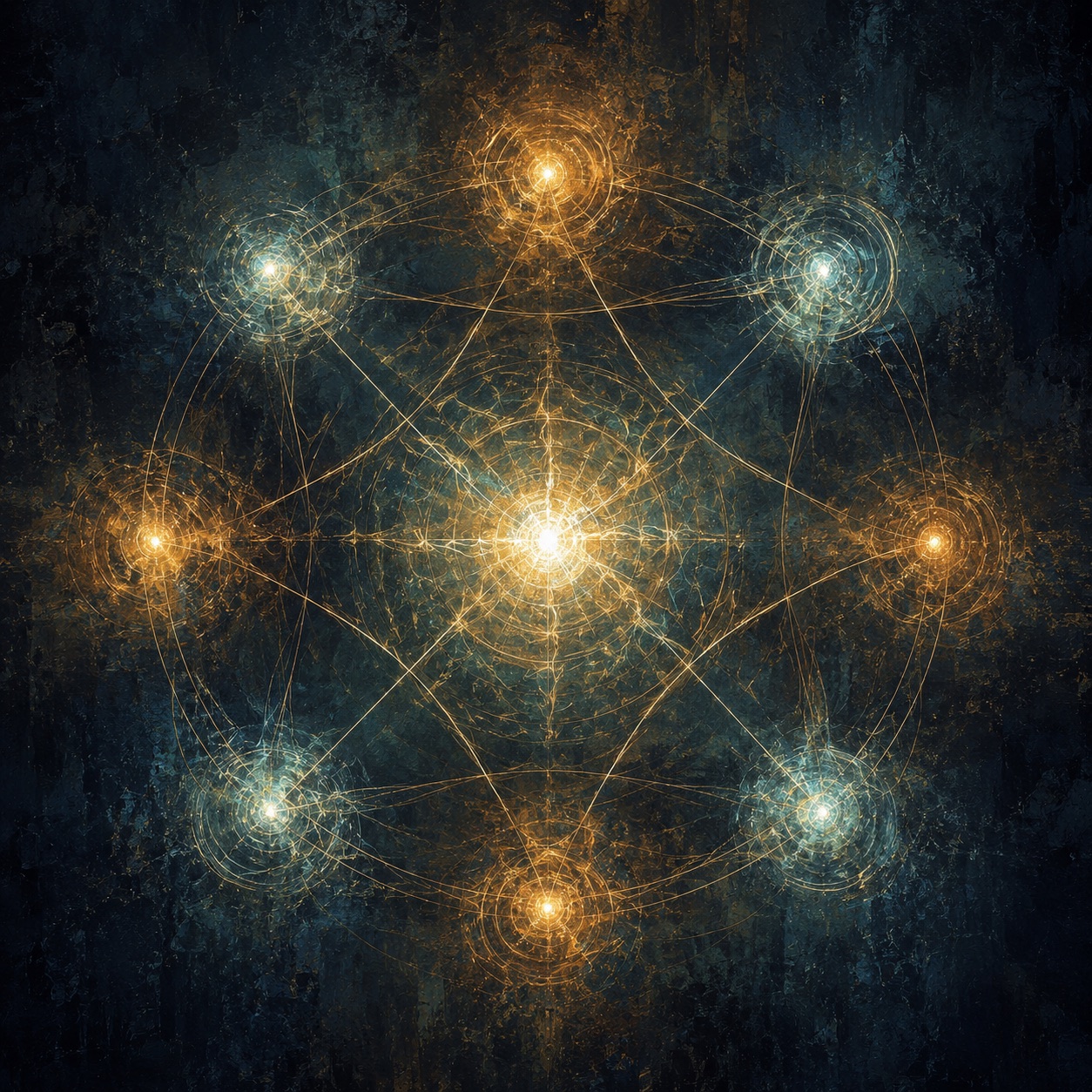 An abstract network of glowing nodes joined by golden lines, their tension converging into a single bright point at the center: deliberative friction producing clarity