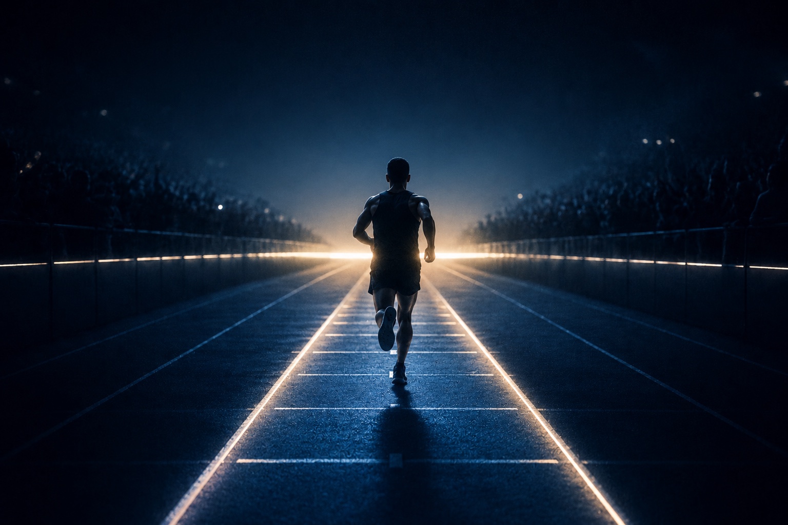 A lone marathon runner in the final stretch, a well-lit lane marked out and held open for them all the way to the finish line, the crowd and noise falling away behind: the last 100 yards, made safe to cross