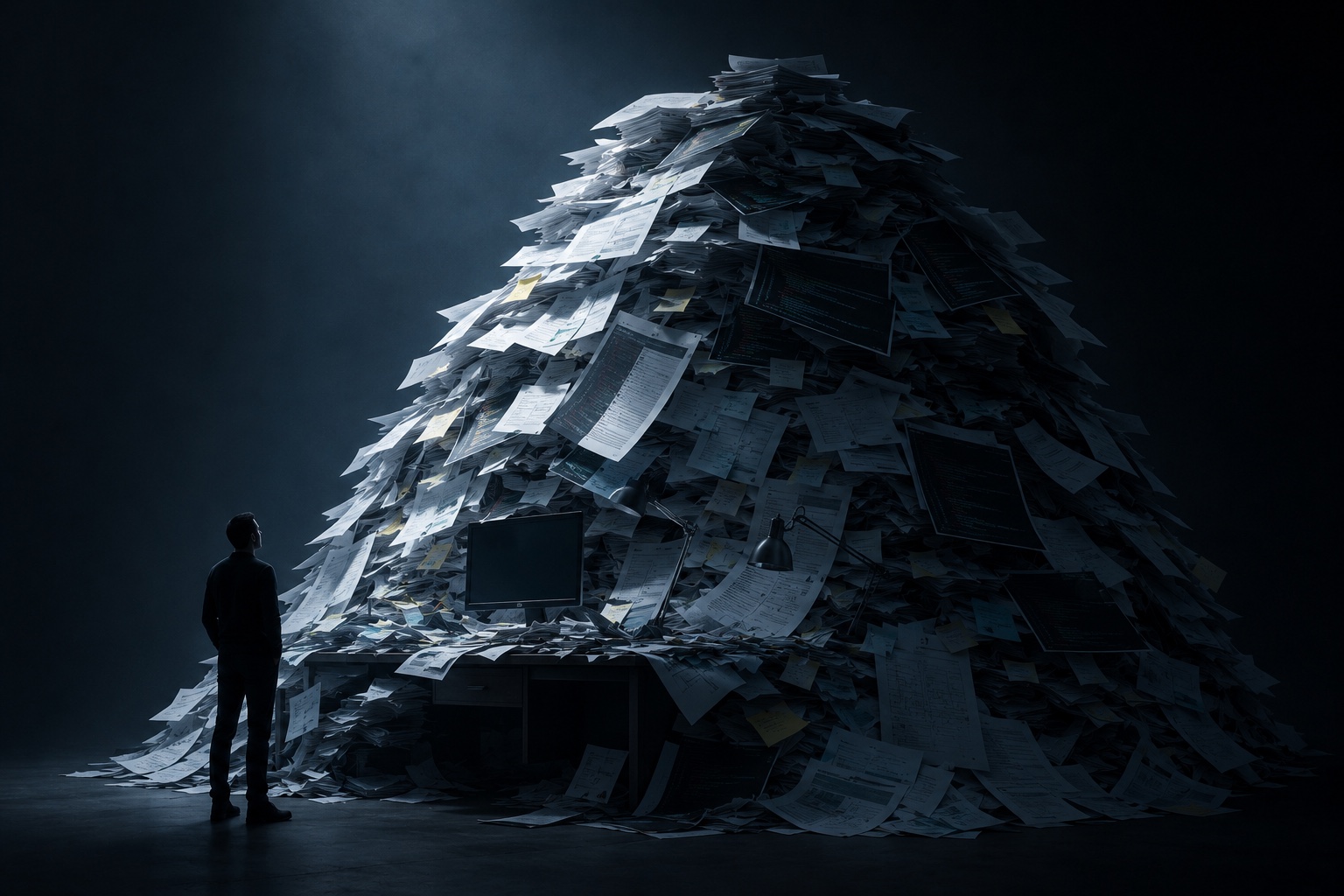 A towering, unstable pile of documents, tickets, and code printouts heaped on a single office desk, spilling over the edges, one small human figure dwarfed beside it: the work AI hands back, waiting to be fixed