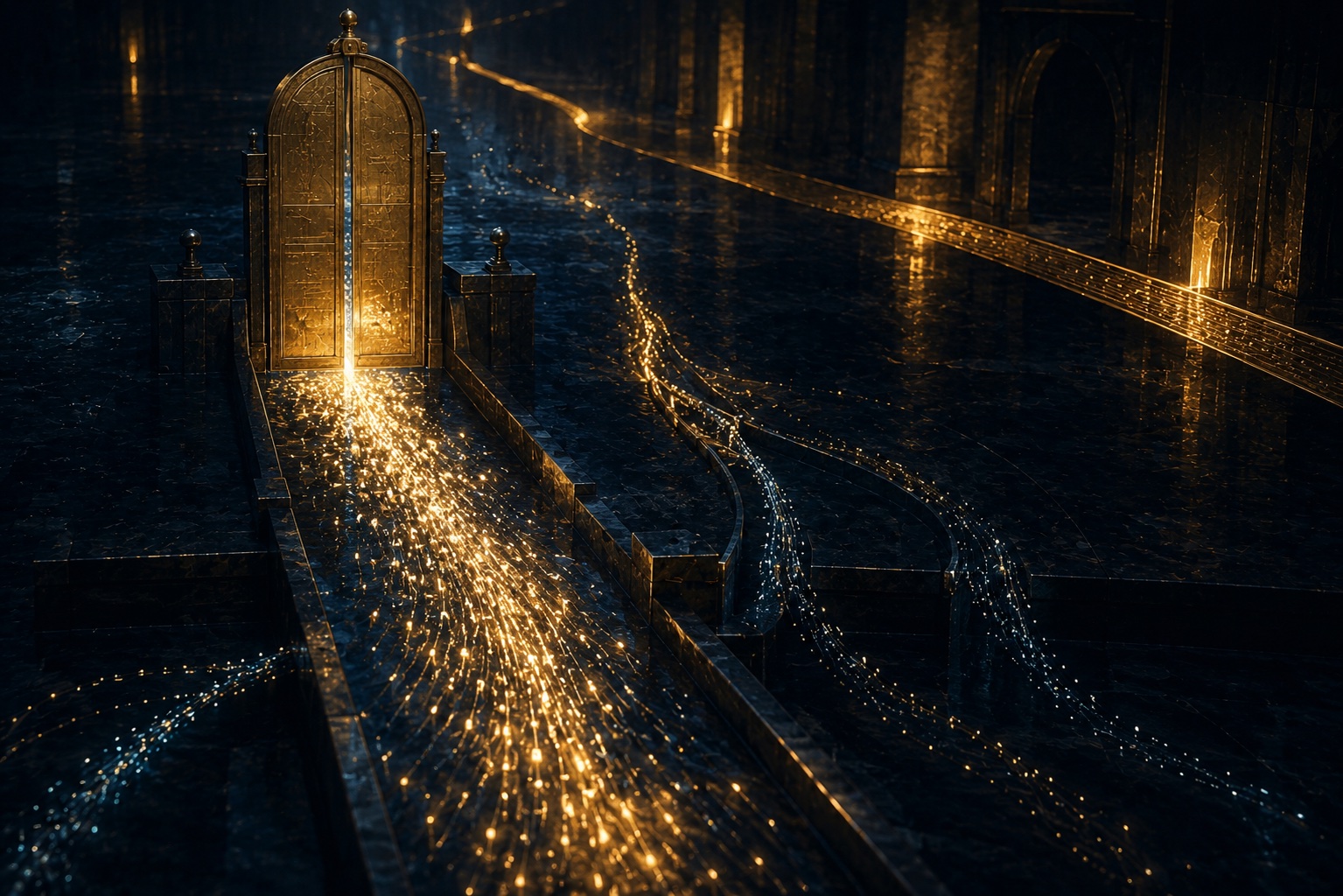 A stream of luminous particles flowing toward an elegant brass gate engraved with fine statute lines, each particle passing or turned aside in its light, a golden ledger ribbon recording every passage