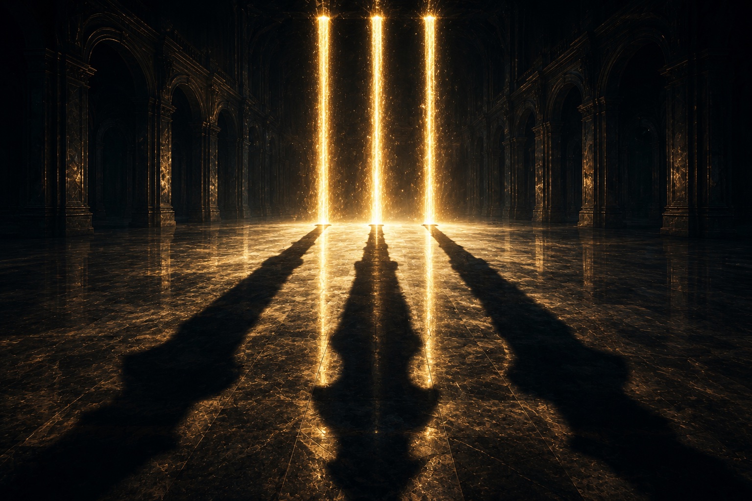 Three brilliant pillars of golden light in a dark marble hall, each casting a long distorted shadow that stretches toward the viewer: every instinct the shadow of a virtue