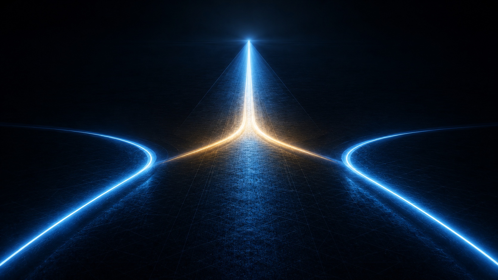 Two separate paths of light curving in from opposite sides of a dark field and merging into one bright, straight lane heading forward, the client and the team converging on the same direction before the build begins