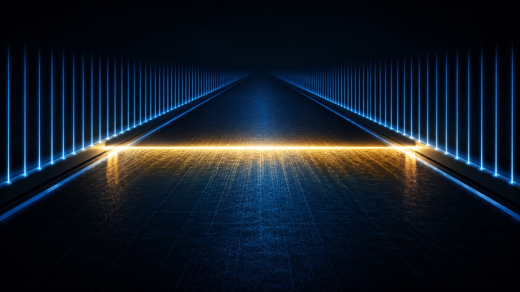 A single glowing checkpoint of warm amber light crossing an otherwise cool blue corridor that runs into the dark, the moment where a person stays in command before the work is allowed to advance