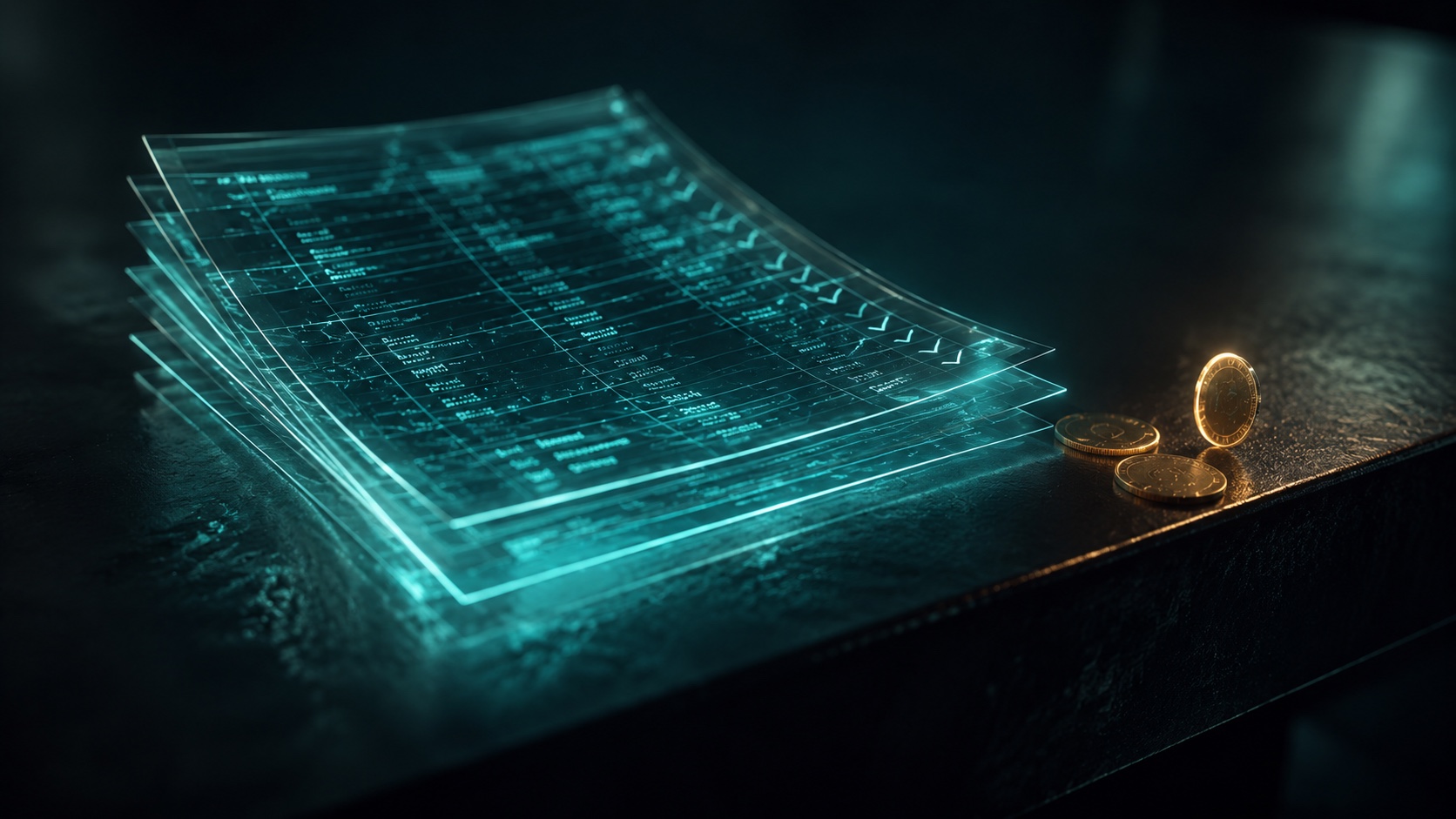 A stack of translucent receipt-like pages of teal light resting on a dark table, a few coins of warm golden light waiting at the table's edge