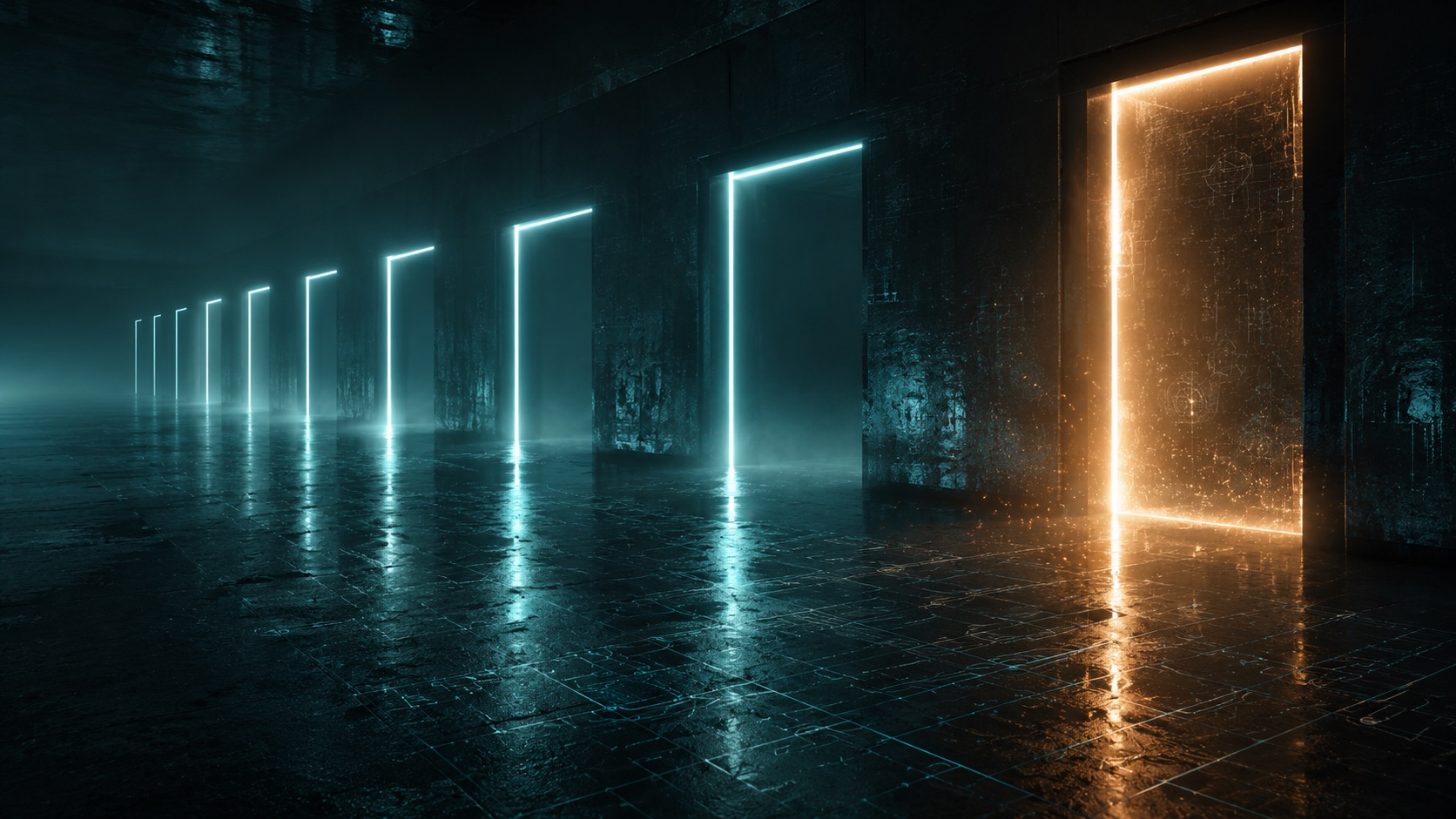 A row of luminous gates along a dark corridor, most standing open in cool teal, one glowing calmly shut in amber, the path waiting in front of it